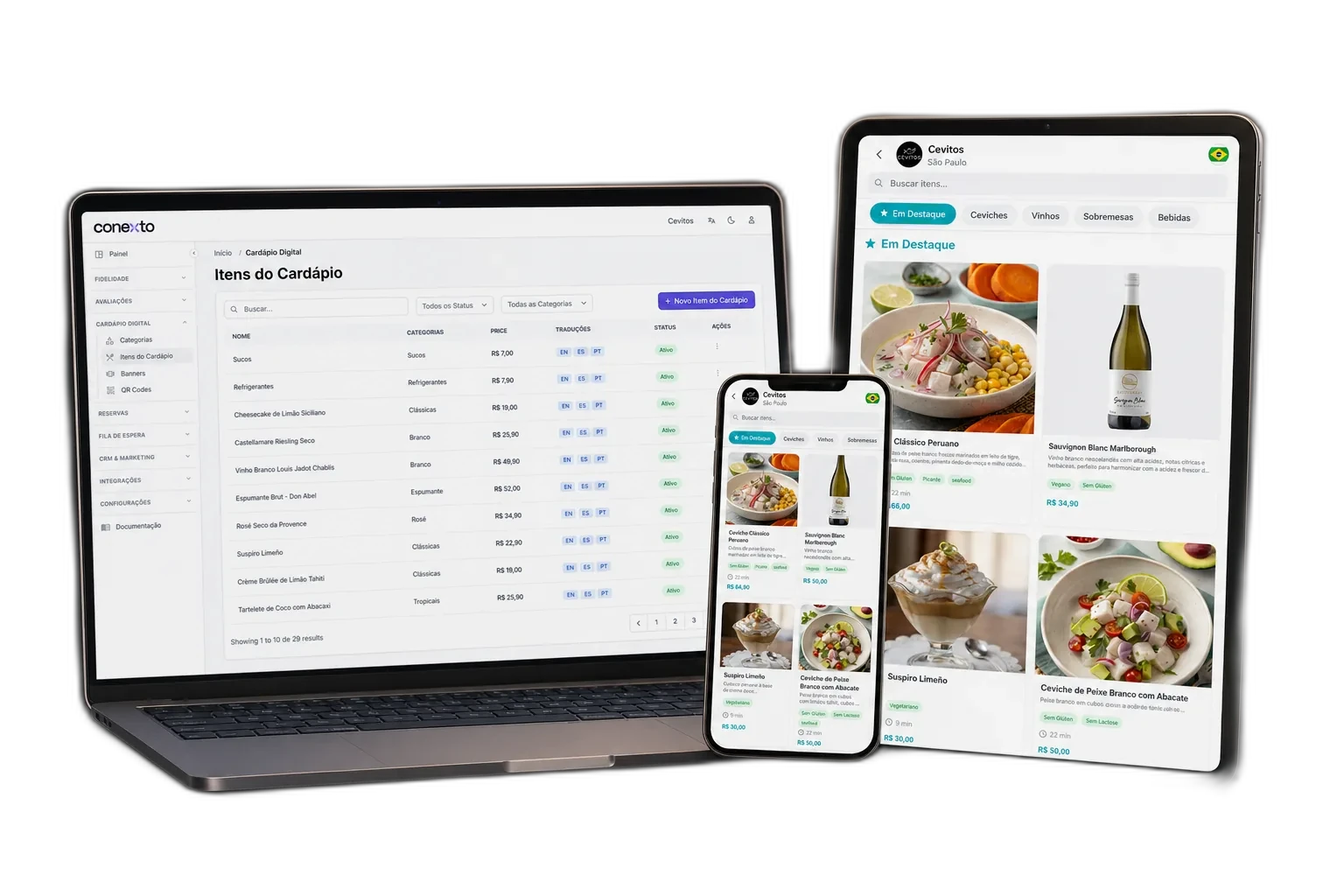 Cardápio digital da Conexto no notebook, tablet e celular