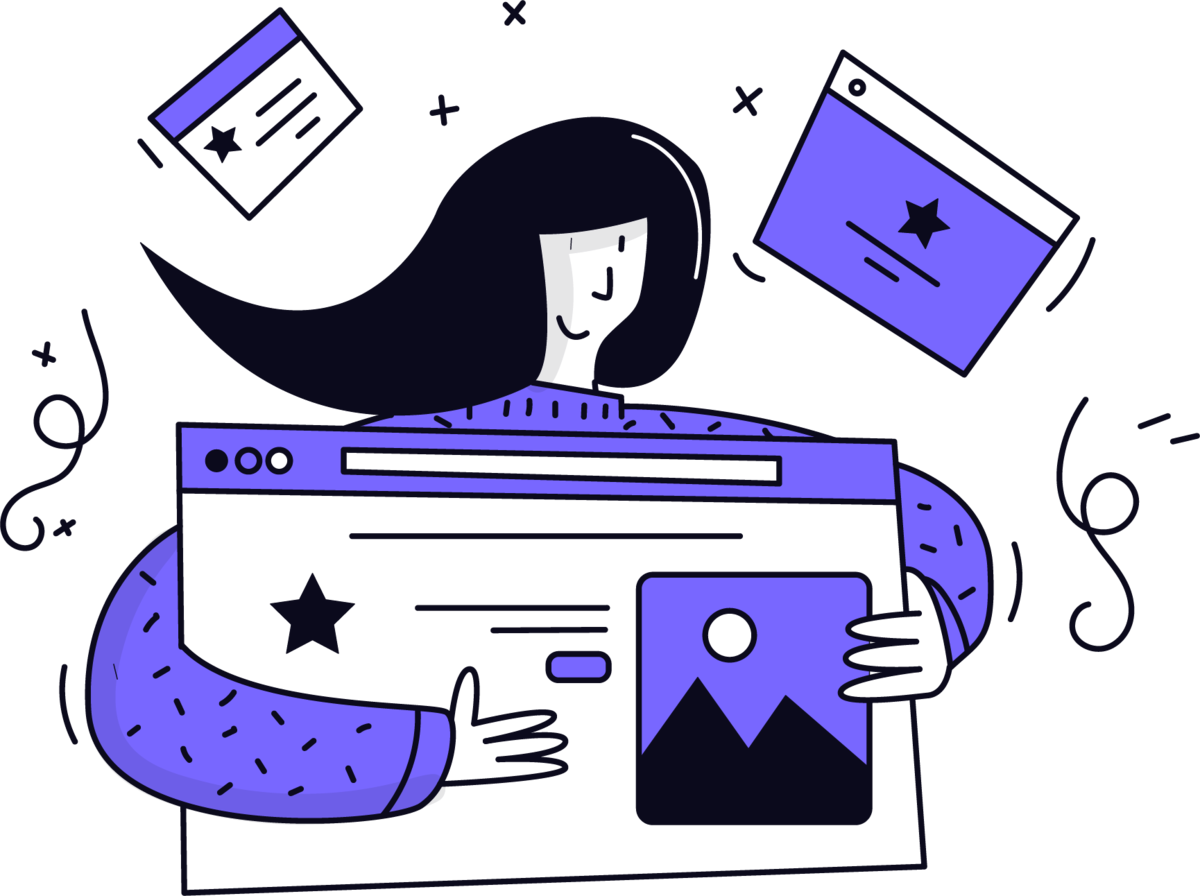 Ilustração da Conexto: mulher segurando uma janela de site com uma estrela