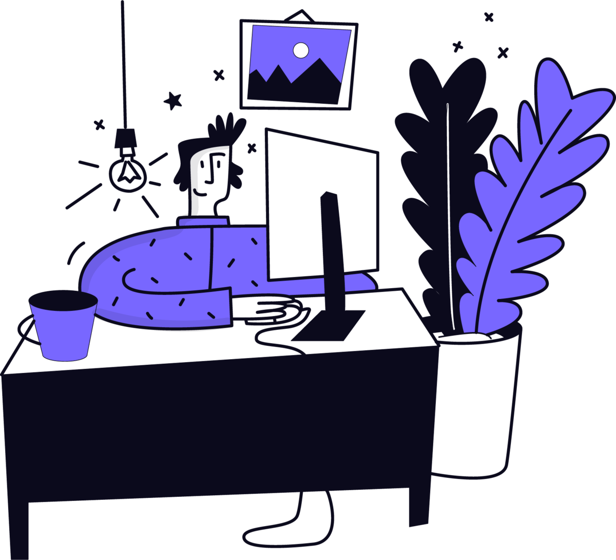 Ilustração da Conexto: pessoa sentada à mesa olhando um monitor, com uma planta ao lado