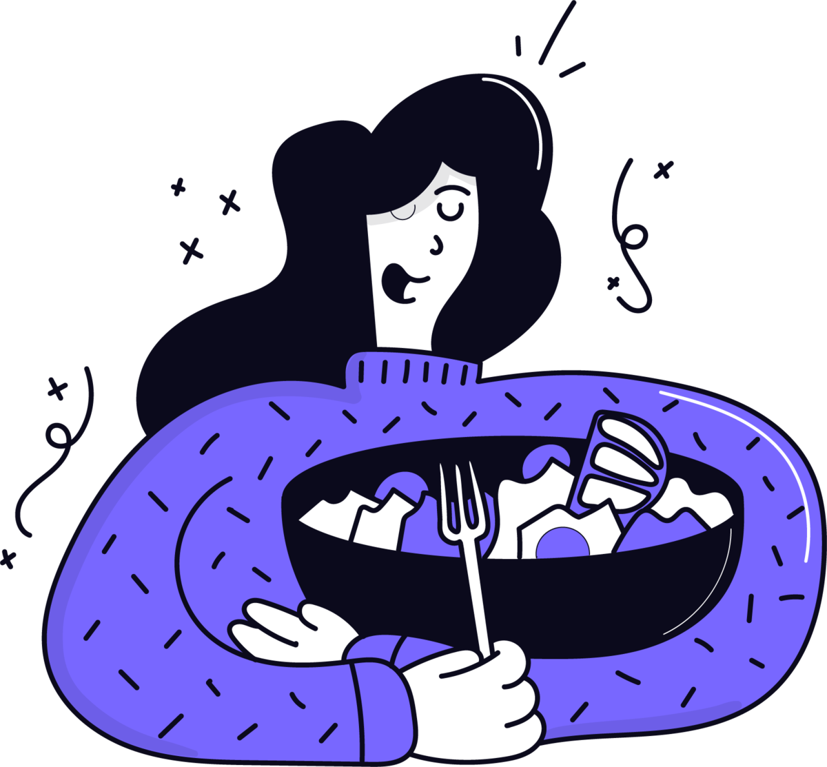 Ilustração da Conexto: mulher de casaco violeta segurando um prato de comida