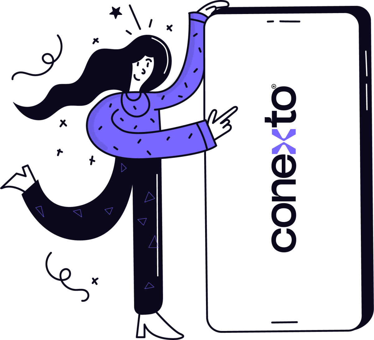 Ilustração da Conexto: mulher apontando para um celular gigante com o logo da Conexto na tela