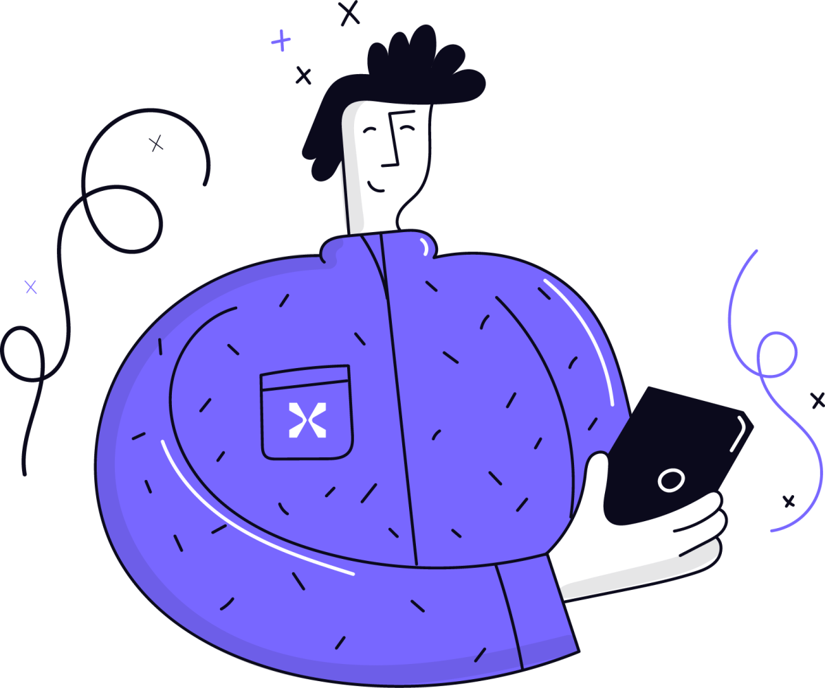 Ilustração da Conexto: pessoa de casaco com o logo da Conexto olhando o celular