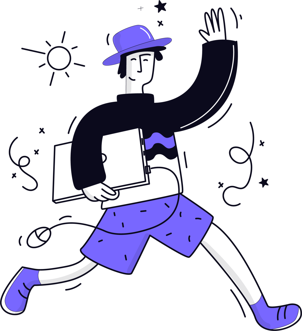 Ilustração da Conexto: pessoa de chapéu andando ao sol com um notebook debaixo do braço