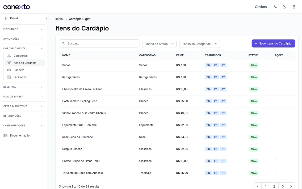 Painel do cardápio digital da Conexto no computador, com a lista de itens, preços e categorias