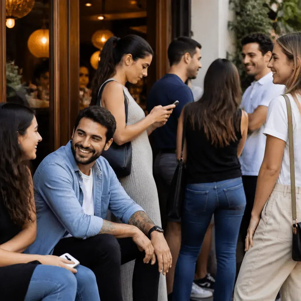 Pessoas e famílias aguardando para ser chamado para entrar em um restaurante que esta cheio. Mostre o rosto das pessoas. Algumas sentadas outras no celular. Mos
